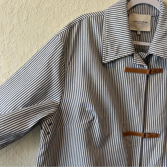 Lafayette 148 striped cotton linen coat jacket with leather strap closures - Picture 7 of 14
